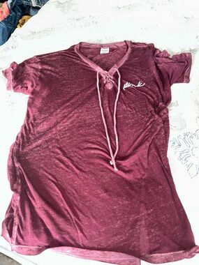 PINK Victoria's Secret Short Sleeve Lace-Up Tee in Wine